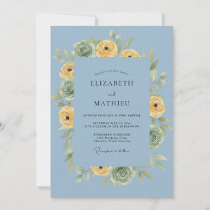 Invitation Mariage Romance Floral Bleu Poussiéreux