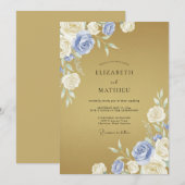 Invitation Mariage Romance Floral Crème Bleue (Devant / Derrière)