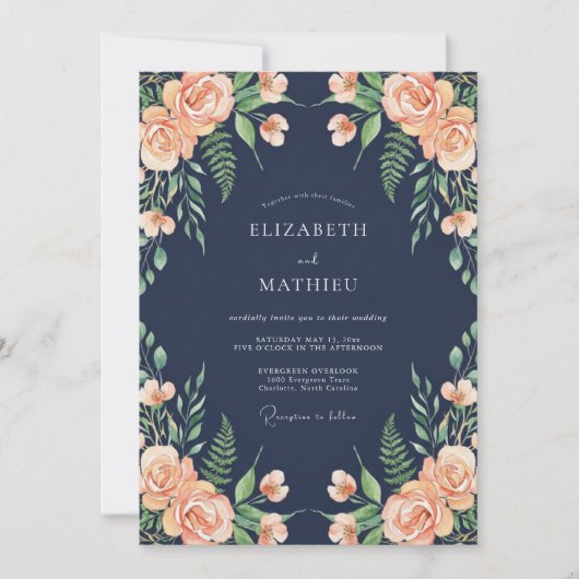 Invitation Mariage Romance Floral Éthéré Navy (Devant)