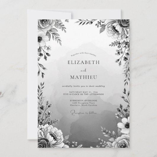 Invitation Mariage Romance Floral Gris (Devant)