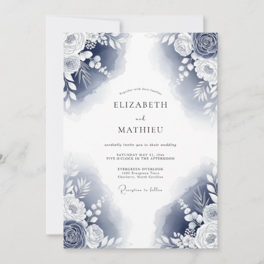 Invitation Mariage Romance Floral Painter Navy (Devant)