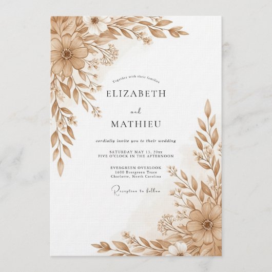Invitation Mariage Romance Floral Pinceau Tan (Devant)