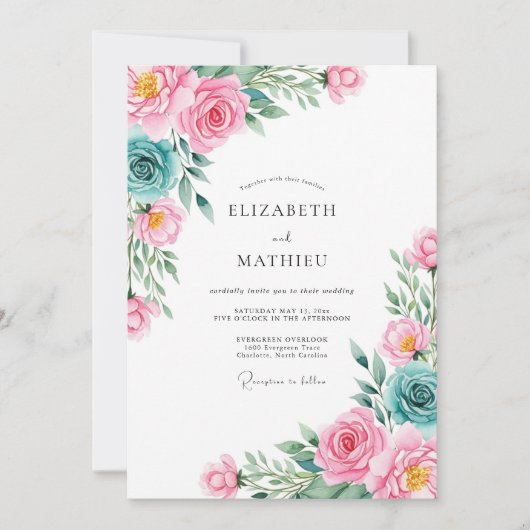 Invitation Mariage Romance Floral Rose Téâl (Devant)