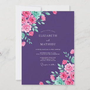 Invitation Mariage Romance Floral Vibrant Prune Profond