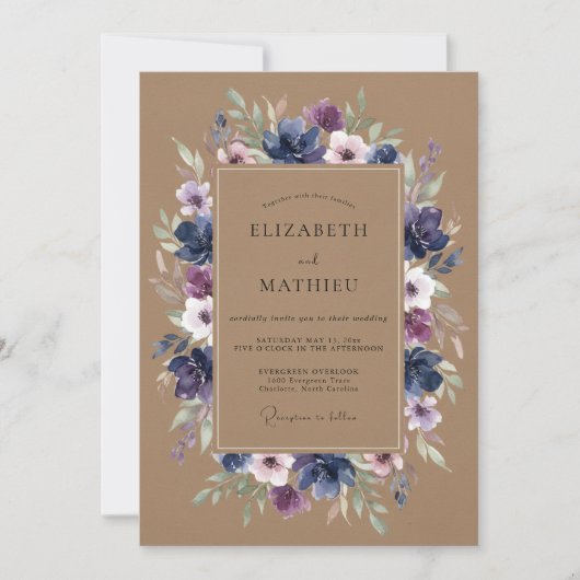 Invitation Mariage Romance Floral Violet Navy (Devant)