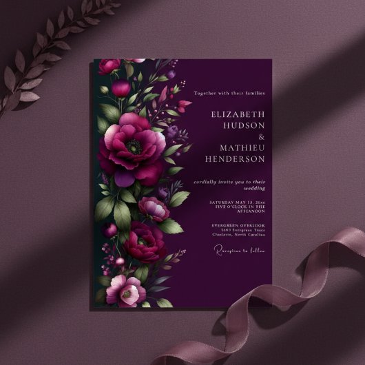 Invitation Mariage Romance Florale à la Prune
