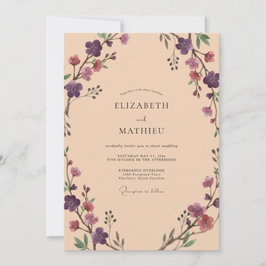 Invitation Mariage Romance Florale Abricot Pourpre (Devant)