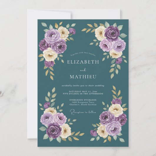 Invitation Mariage Romance Florale Améthyste Sarcelle (Devant)