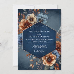 Invitation Mariage Romance Florale Automne Bleu Nuit
