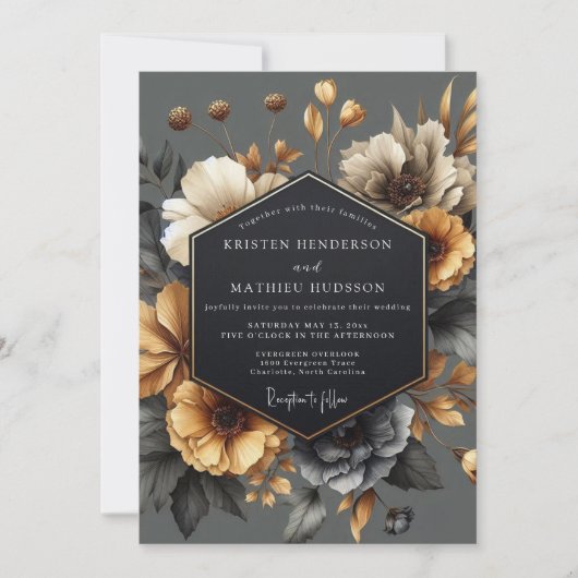Invitation Mariage Romance Florale Automne Gris (Devant)