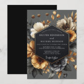 Invitation Mariage Romance Florale Automne Gris (Devant / Derrière)