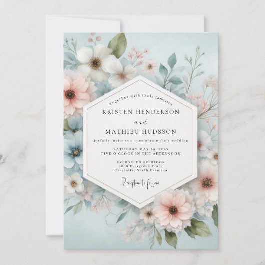 Invitation Mariage Romance Florale Bleu Clair (Devant)