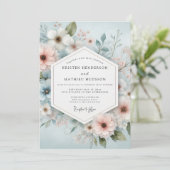 Invitation Mariage Romance Florale Bleu Clair (Debout devant)