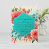 Invitation Mariage Romance Florale Bleu Corail (Debout devant)