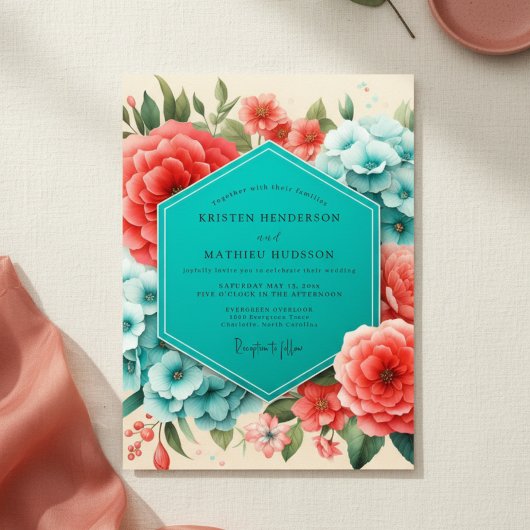 Invitation Mariage Romance Florale Bleu Corail