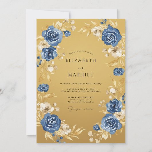 Invitation Mariage Romance Florale Bleu Doré (Devant)