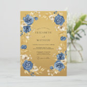 Invitation Mariage Romance Florale Bleu Doré (Debout devant)