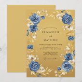 Invitation Mariage Romance Florale Bleu Doré (Devant / Derrière)