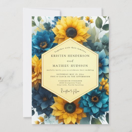 Invitation Mariage Romance Florale Bleu Doré (Devant)