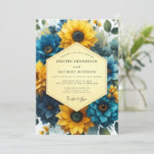 Invitation Mariage Romance Florale Bleu Doré (Debout devant)
