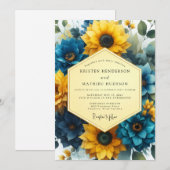 Invitation Mariage Romance Florale Bleu Doré (Devant / Derrière)