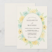 Invitation Mariage Romance Florale Bleu Jaune (Devant / Derrière)