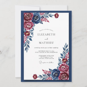 Invitation Mariage Romance Florale Bleu Marine