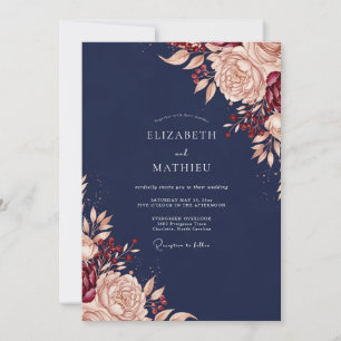 Invitation Mariage Romance Florale Bleu Marine et Rose