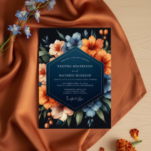 Invitation Mariage Romance Florale Bleu Nuit Automnal