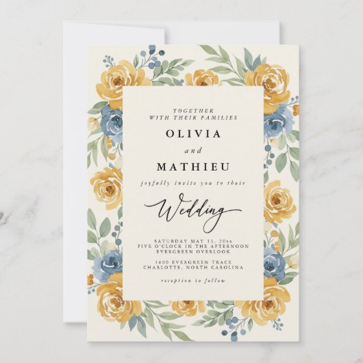 Invitation Mariage Romance Florale Bleu Ocre (Devant)