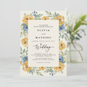 Invitation Mariage Romance Florale Bleu Ocre (Debout devant)