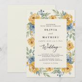 Invitation Mariage Romance Florale Bleu Ocre (Devant / Derrière)