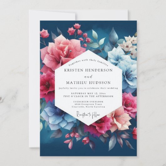 Invitation Mariage Romance Florale Bleu Profond (Devant)