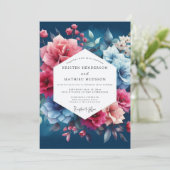 Invitation Mariage Romance Florale Bleu Profond (Debout devant)