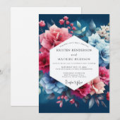 Invitation Mariage Romance Florale Bleu Profond (Devant / Derrière)