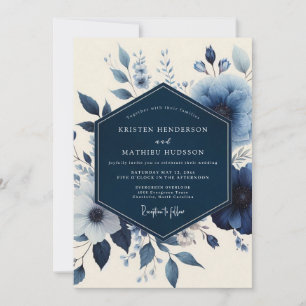 Invitation Mariage Romance Florale Bleu Profond