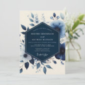 Invitation Mariage Romance Florale Bleu Profond (Debout devant)