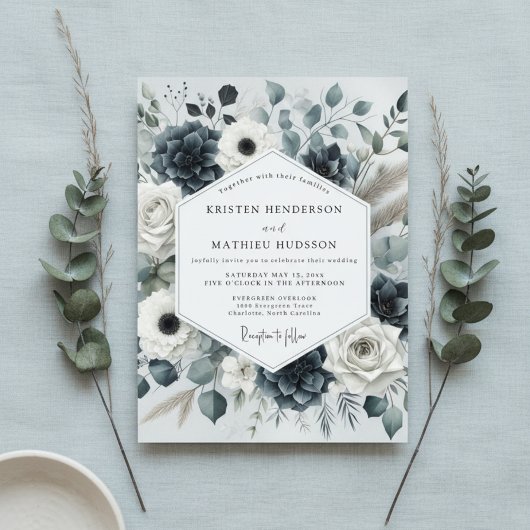 Invitation Mariage Romance Florale Bleu Profond