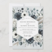 Invitation Mariage Romance Florale Bleu Profond (Devant)
