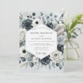 Invitation Mariage Romance Florale Bleu Profond (Debout devant)