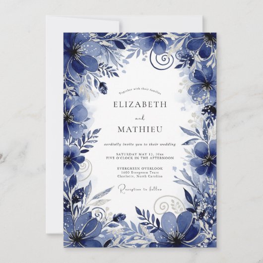 Invitation Mariage Romance Florale Bleu Profond (Devant)