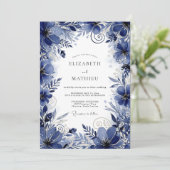 Invitation Mariage Romance Florale Bleu Profond (Debout devant)