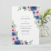 Invitation Mariage Romance Florale Bleu Royal (Debout devant)