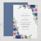 Invitation Mariage Romance Florale Bleu Royal (Devant / Derrière)