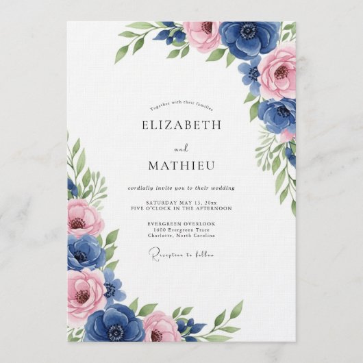 Invitation Mariage Romance Florale Bleu Royal (Devant)