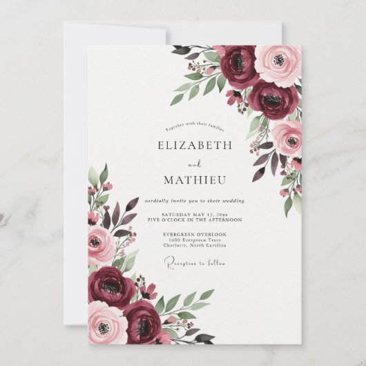 Invitation Mariage Romance Florale Bourgogne (Devant)