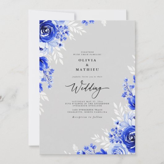Invitation Mariage Romance Florale Cobalt (Devant)