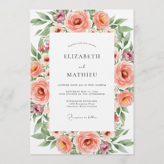 Invitation Mariage Romance Florale Corail (Devant)