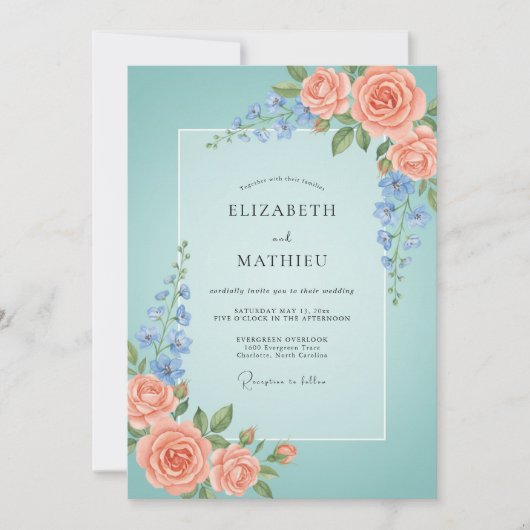 Invitation Mariage Romance Florale Corail Aqua (Devant)