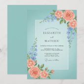 Invitation Mariage Romance Florale Corail Aqua (Devant / Derrière)